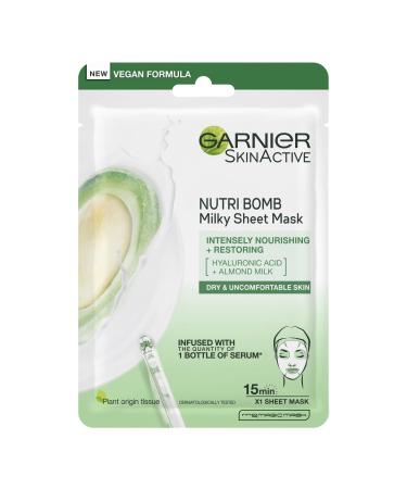 Garnier Nutri Bomb Milky Sheet Mask With Almond Milk and Hyaluronic Acid for Hydrated Glowing Skin Intensely Nourishing & Restoring Milky Face Masks Vegan Tissue 28 g (Pack of 1) Almond Milk and Hyaluronic Acid Face Mask