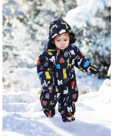 Lobmouse Baby Winter Snowsuit Jumpsuit | Hooded Romper for Boys & Girls | Thick & Warm Infant Coat Outfit | Dark Blue Animals | 18-24 Months - Buy Online on SooperMarket.com