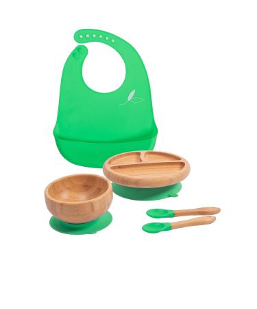 Love Earth - Bamboo Baby Weaning Set 5 Piece Baby Weaning Set Including Suction Plate Bowl Spoons and a Silicone Bib Eco-Friendly Weaning Set for Babies from 3 Months to 6 Years (Green)