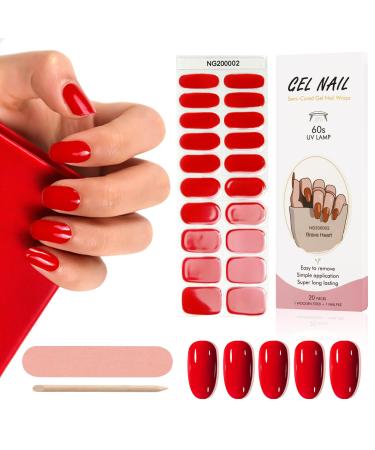 Kalolary 20 Stickers Nail Gel Polish Strips Red Full Wraps Nail Polish Stickers Cured Gel Nail Strips Self-Adhesive Gel Nail Wrap Stickers Decals with Nail File and Stick(UV/LED Lamp Required)