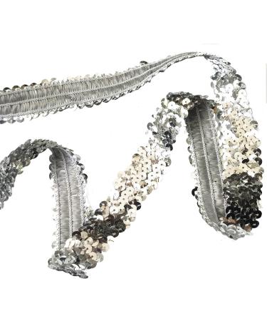 Gnognauq 10 Yards 1 Elastic Sequin Glitter Trim Spool - Metallic Silver Ribbon Trim for Wedding Dress, Headbands - 3-Row Paillette Fabric Embellishment - Buy Online on SooperMarket.com