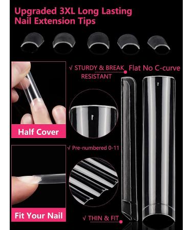 240Pcs XXXL Clear No C Curve Acrylic Nail Tips - Extra Long Tapered Square Straight Half Cover French Nail Extension False Nails for Manicure Nail Art - 12 Sizes - Buy Online on SooperMarket.com