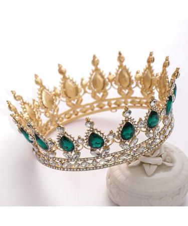 FORSEVEN Queen Crown Rhinestone Wedding Tiara | Crystal Bridal Princess Crown for Women - Gold and Green | Costume Party Hair Accessory - Buy Online on SooperMarket.com