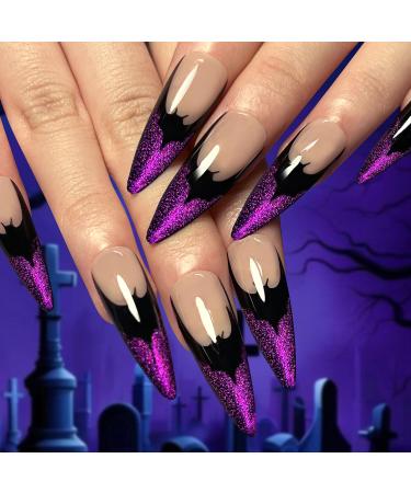 TBRZTR Halloween Press on Nails Almond Medium Nails Purple French False Nails Bat Design Halloween Nail Artificial Acrylic Nails Full Cover Reusable Coffin Nails Halloween Glue on Nails for Women