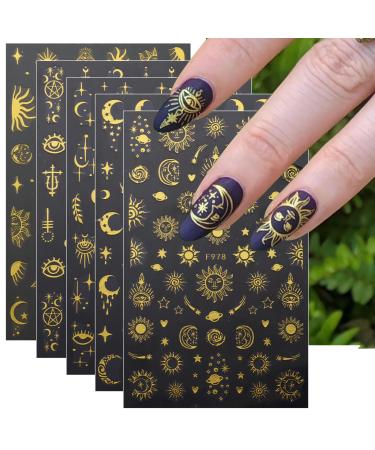 JMEOWIO 8 Sheets Moon Star Sun Nail Art Stickers Decals Self-Adhesive Gold Nail Supplies Nail Art Design Decoration Accessories