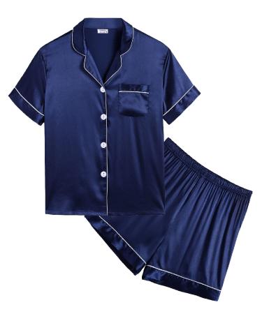SWOMOG Kids Silk Pyjamas Girls Boys Short Sleeve Satin PJs Sets Button-Down Silky Nightwear Children Sleepwear Teens Age 4-16 4-5 Years Navy