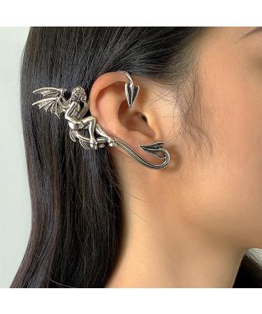 Wiwpar A Pair of Silver Gothic Retro Demon Angel Fairy Ear Cuff with Piercing for Halloween Easter Elf Cosplay Jewerly Vintage Wing Ear Wrap Punk Ear Cartilage Clip Unique Ear Climber for Women Girls