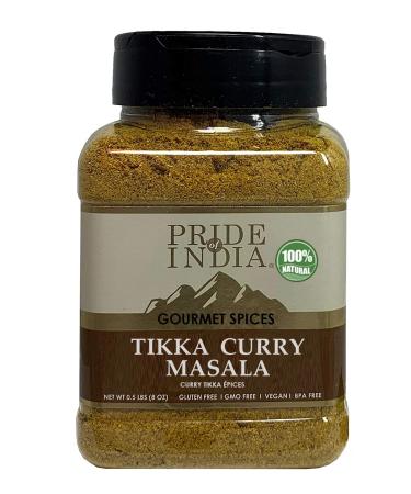 Pride of India  Tikka Curry Masala Seasoning Spice  Gourmet Curry Mix  Ideal for Vegetarian and Meat Dishes  Natural & GMO Free  Easy To Use - 8 oz. Medium Dual Sifter Jar