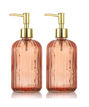 Versatile Glass Soap Dispenser Bottle with Pump 14 Oz Dripless Pump Bottle Refillable Liquid Hand Jar Dispenser for Bathroom Countertop Kitchen Laundry Room(Amber 2 Pack)