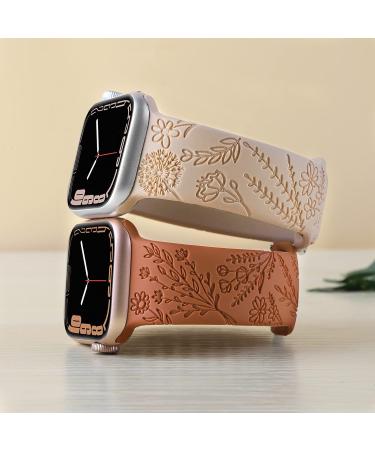 Flower Engraved Silicone Band Compatible with Apple Watch Bands 38mm 40mm 41mm  Cute Women Wildflowers Floral Design Soft Sport Strap Replacement Wristbands for iWatch Series 8 7/SE/6/5/4/3/2/1 38/40/41mm Walnut Brown Brown - Buy Online on SooperMarket.com