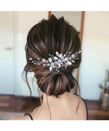 Bride Wedding Hair Comb Pearl Flower Hair Piece Bridal Crystal Leaf Hair Vine Comb Wedding Hair Accessories for Women Girls Bridemaid silver