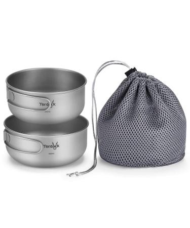 Tentock Titanium Bowls Set 500ml+600ml Ultralight Camping Cookware Outdoor Utensils with Folding Handle