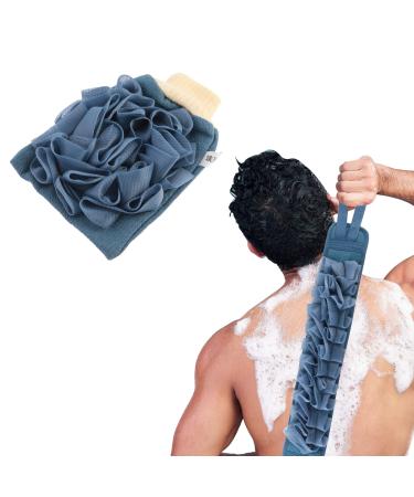 WLLHYF Exfoliating Back Scrubber for Shower  2 in 1 Natural Loofah Body Scrub Deep Clean Skin Bath Towel Shower Back Washer for Men Women Shower Bath (Navy Blue)
