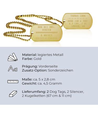 Personalized Dog Day Chains | 2-Piece ID Set with Embossing | Custom Text & Motifs | Military Equipment - Gold Finish - Buy Online on SooperMarket.com