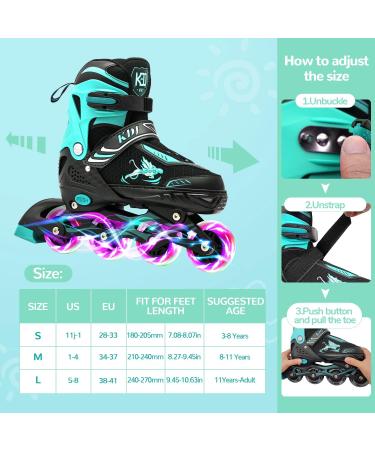 Adjustable Kids Roller Blades with Illuminating Wheels - Green Medium - Big Kids (Sizes 1-4 US) - Buy Online on SooperMarket.com
