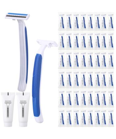 50 Sets Disposable Razors in Bulk Razor Individually Wrapped Bulk Twin Blade Razors with Clear Safety Cap and Shaving Cream for Men Women Homeless Hotel Shelter Charity Travel Blue