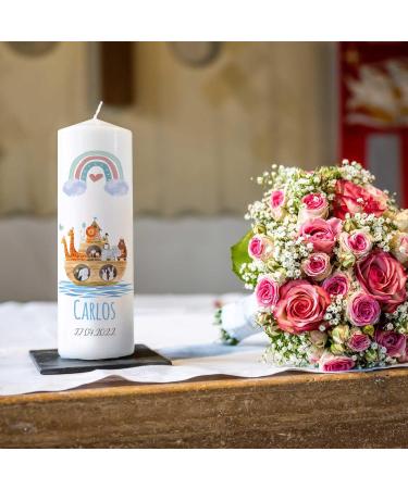 Personalized Gravure Printed Baptism Candle | Ark Rainbow Design | High-Quality Christening Gift for Boys & Girls | 250/80 mm Blue - Buy Online on SooperMarket.com