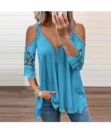 Women's Short Sleeve Lace Patchwork T-Shirt - Blue, Medium | Casual & Dressy Plus Size Top - Buy Online on SooperMarket.com