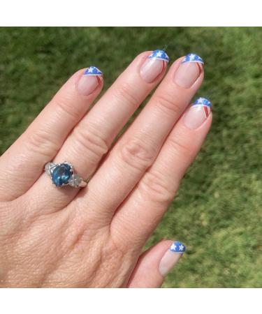 KTAABTR Nails 24 Pcs Independence Day Press on Nails Short French Tip 4th of July False Nails with Glue American Flag Nail Design Patriotic Stars Stripes Fake Nails for Women Girls Independence Day 6