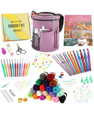 Premium! Crochet Kit for Beginners Crochet. Kids or Adults 120pc Beginner Crochet Set. Crochet Kit with Yarn for Crocheting, Crochet Storage Bag, Crochet Hooks, Crochet Tools, Scissors and Supplies L Purple