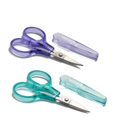 PAFASON Sharpest & Precise Stainless Steel Curved Straight Thread Yarn Fabric Cutting Mini Scissors with Protective Cover - Ideal for Embroidery Quilting Sewing Knitting Crafting Cross Stitch Crochet Green+purple