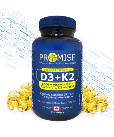 Promise Vitamin D3+K2 MK7 with Organic Coconut Oil 120 Soft gels. Bone Joint and Heart Health Rapid Immune Support- non-GMO- Made In Canada