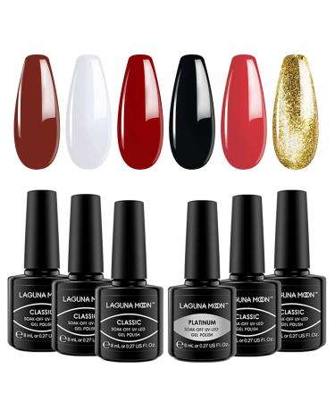 Lagunamoon 6 Colours Gel Nail Polish 6PCS Gel Polish Set Red White Black Gold Glitter Soak Off Nail Gel Polish Manicure Salon Xmas Gift Nail Art Kit Starter Kit 8ML Good Luck | Salon-Grade Polish
