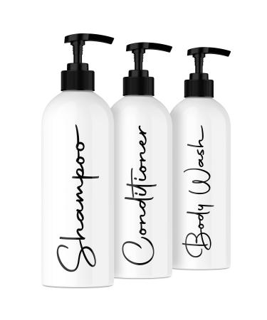 Alora 16oz Reusable Shampoo and Conditioner Bottles - Set of 3 - White - Easy to read Lettering - Pump Bottle Dispenser for Shampoo Conditioner Body Wash - Empty Plastic Refillable Containers Set of 3 White