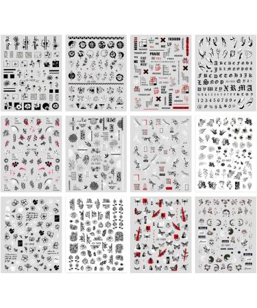 Retro Flower Nail Art Stickers - 12 Sheets Self-Adhesive Decals for DIY Nail Design - Vintage Floral Vine Letters in Black and White - Nail Supplies for Women - Buy Online on SooperMarket.com
