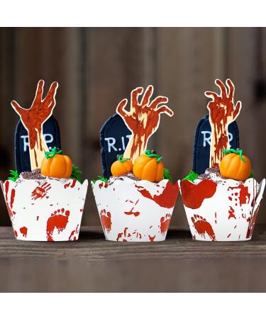 72PCS Halloween Cupcake Toppers - Zombie Hand Tombstone & Horror Red Handprint Cupcake Supplies for Halloween Party - Buy Online on SooperMarket.com