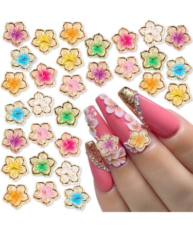 Dornail 30PCS Acrylic Flower Nail Charms 3D Gold Edge Flower Resin Charms for Nails Mixed Colorful Flower Petals Nail Art Charms Floral Nail Charm DIY Nail Supplies for Women Girls Nail Decorations