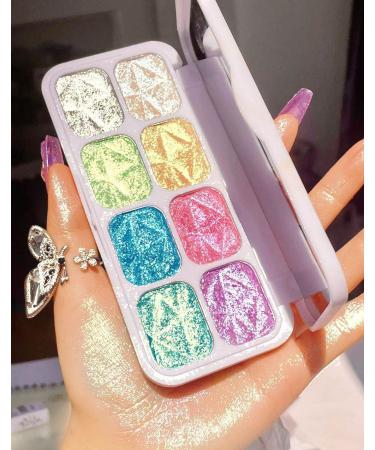 8 Color Face Cheek Highlighter Makeup Palette Shimmer Glitter Iridescent Multichrome Holographic Eyeshadow Palette Purple Rainbow Glitter Highlighter Makeup Highlight and Contour Palette Eye Makeup D02 1 Count (Pack of 1)