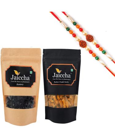 Jaiccha Ghasitaram Rakhi Gifts for Brothers Rakhi Dryfruits - Blueberry 100 GMS and Butter Chakli Sticks 100 gmsPouch with 2 Rudraksh Rakhis
