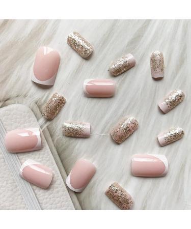 Glitter Acrylic French Tip Press On Nails - Square False Nails with Cute Designs - Medium White Full Cover Stick On Nails for Women - Manicure Decoration - Style 6 - Buy Online on SooperMarket.com