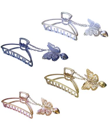 TANG SONG 4PCS Metal Hair Claw Clips with Butterfly and Heart Pendant Hair Catch Barrette Jaw Clamp for Women Half Bun Hairpins for Thin Hair(Silver+Gold+Rose Gold+Black)