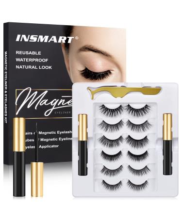 Magnetic Eyelashes, 6 Pairs Magnetic Lashes, False Lashes with 2 Tubes of Magnetic Eyeliner, Magnetic Eyelashes Kit with Tweezers, Reusable, No Glue