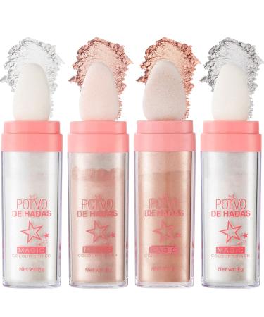 4 Color Polvo De Hadas Fairy Highlight Stick Patting Powder Highlighter Makeup Shimmer Body Glitter Brightens the Natural 3D Face Powder Blusher for Brighten Face Body Lips Makeup Kit (SET A)