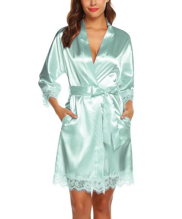 BESDEL Women's Satin Silk Bathrobe Oblique V-Neck Short Kimono Robe Bridesmaids Robe XS Mint Green