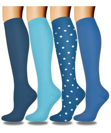 Actinput 4 pairs of compression stockings for women men colorful support stockings compression socks for sports flight running travel cycling nurse 4105 - blue S -M