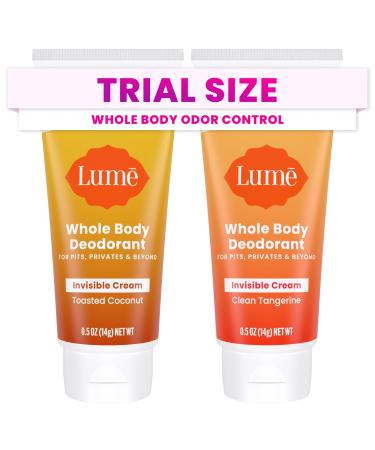 Lume Whole Body Deodorant - Mini Travel Size Invisible Cream Tube - Trial Size - 72 Hour Odor Control - Doctor Developed - Aluminum & Baking Soda Free - .5oz (2 Pk) (Toasted Coconut & Clean Tangerine)