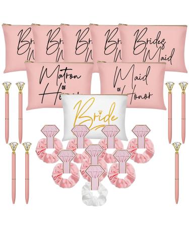 24 Pcs Bridesmaid Gifts Set Include 8 Brides Bridesmaid Canvas Makeup Bags Matron of Honor Bag 8 Hair Scrunchies Satin Hair Band 8 Diamond Pen for Bridal Shower Wedding (Pink  White  Words) Pink  White Words