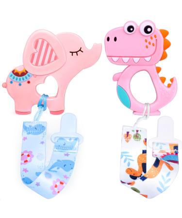 HOPEEYE Soft Pink Dinosaur & Pink Elephant Teether for Babies 0-6  6-12 Month Infants  Baby Chew Toys for Sucking Needs  Soft-Textured-Baby Teething Toys Gift