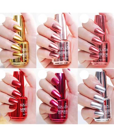 Mirror Nail Polish Metal Nail Varnish 6 Colors Chrome Nail Polish Set Metallic Mirror Effect Quick Drying Long Lasting Gold Silver Champagne Red Colorful Women Gift No UV - Buy Online on SooperMarket.com