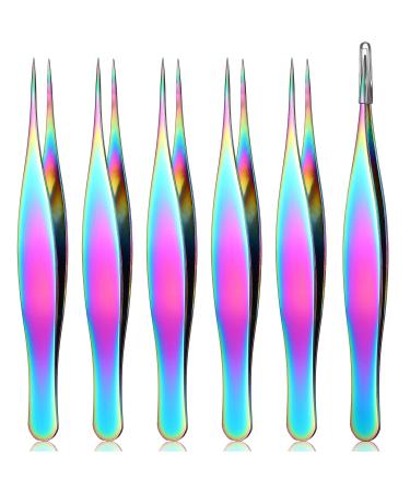 6 Pieces Pointed Tweezers Ingrown Hair Tweezers Precision Needle Point Tip Tweezers Stainless Steel Tweezers for Nose Facial Hair Eyebrow Blackhead Remover (Rainbow Color)