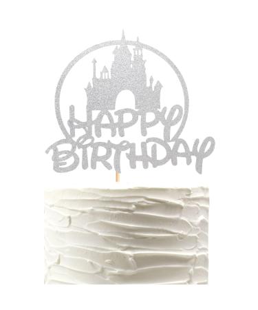 Arthsdite Castle Birthday Cake Topper Castle Theme Birthday Party Decoration Princess Prince Happy Birthday Cake Decoration - Silver Glitter
