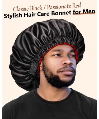 Mikimini Satin-Haube 2 Pack - Adjustable Double-Layer Sleep Silk Hood for Curly Hair & Braids (XL Black/Red) - Non-Slip Design for Men & Women - Buy Online on SooperMarket.com