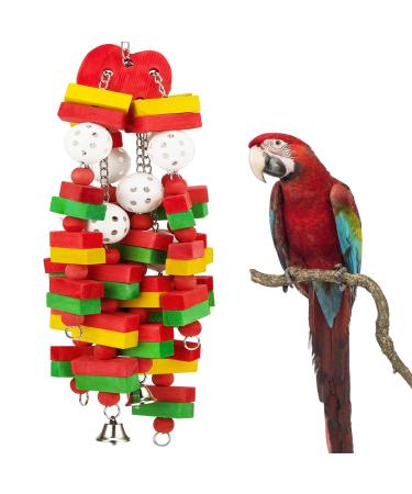 MEWTOGO Large Bird Parrot Toys with Bells - Parrots Cage Chewing Toy with Colorful Wood Blocks Beads Bird Parrot Chewing Sticks Toys for Cockatoos African Grey Macaws and Amazon Parrots Red (Apple)
