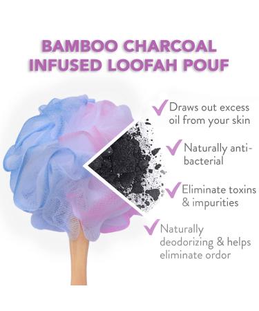 Loofah Back Scrubber - Bamboo Charcoal Fiber Bath Sponge Set for Men & Women - Includes Handle & Hook - Pink - Buy Online on SooperMarket.com