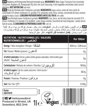 Sweetbird Raspberry & Pomegranate Lemonade Syrup 1L - Vegan Friendly (Pack of 1) - Buy Online on SooperMarket.com