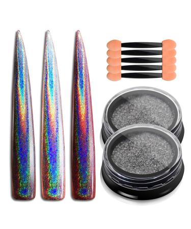 Holographic Nail Powder, Unicorn Chrome Nail Powder, Mirror Effect Rainbow Holographic Glitter Dust, Pigment Silver Powder with Sponge Applicators, Holographic Nail Polish Fine Glitter (0.04oz/1g)